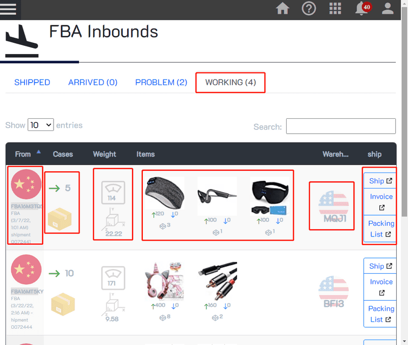 FBA Inbound Shipments Working Status
