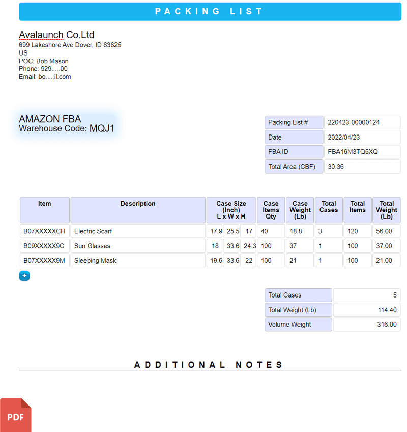 FBA Inbounds Packing List