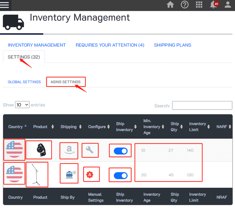 Inventory Managment individual asin settings