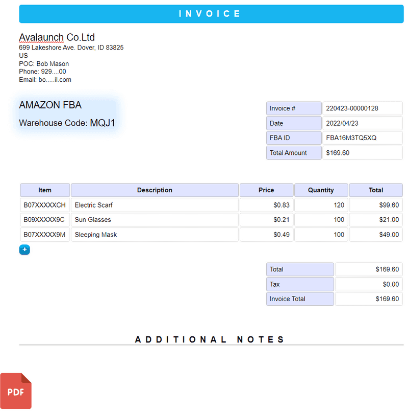 FBA Inbounds Invoice